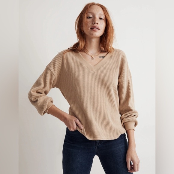 Madewell | Waffle Knit V-Neck Long-Sleeve Sweater Toasted Sesame XS Cozy Casual - Picture 1 of 10
